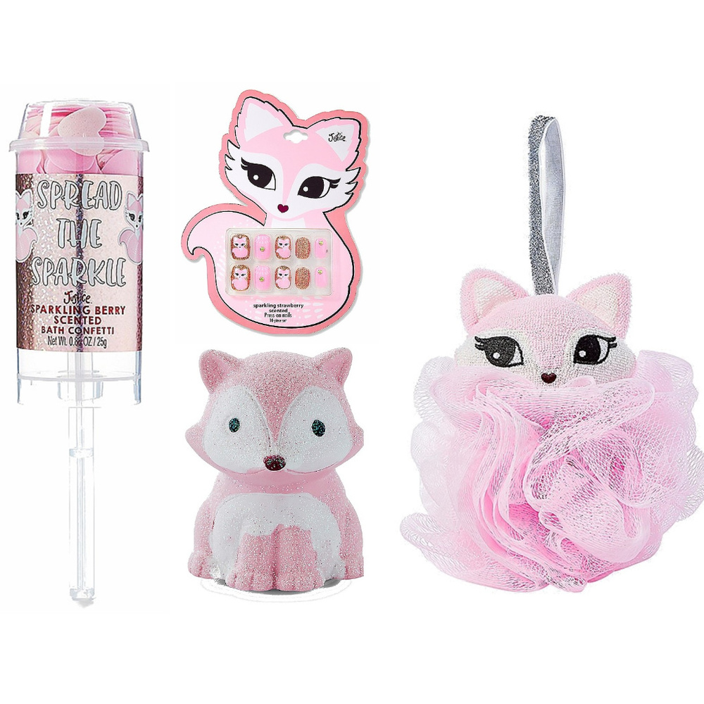 Justice Fox Cosmetic Set Gloss Nails Loofah Bath Confetti